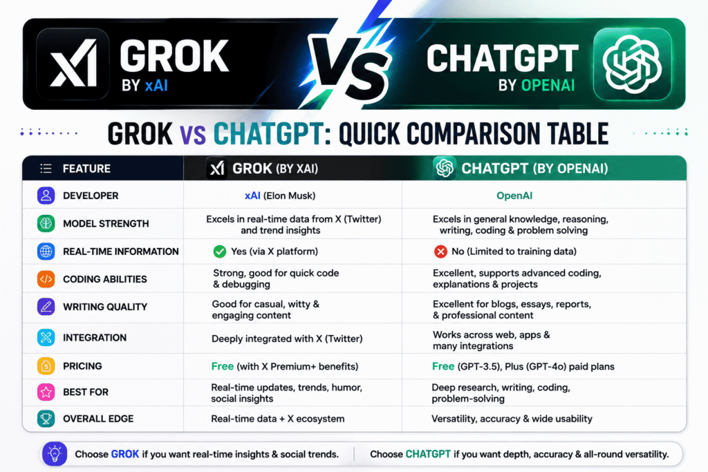 Grok vs ChatGPT Quick Comparison Table