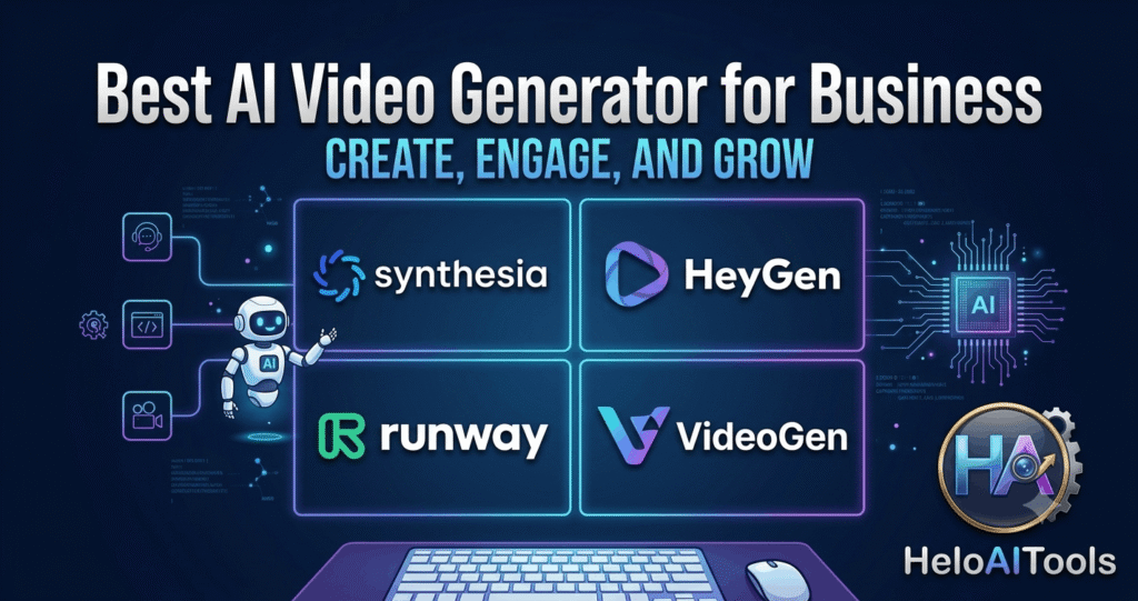 Best AI video generator for business in 2026 — comparison of Synthesia, HeyGen, Runway, and VideoGen