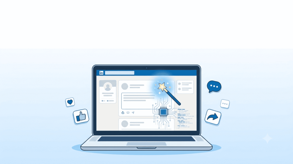 AI tools generating LinkedIn posts automatically on a laptop screen