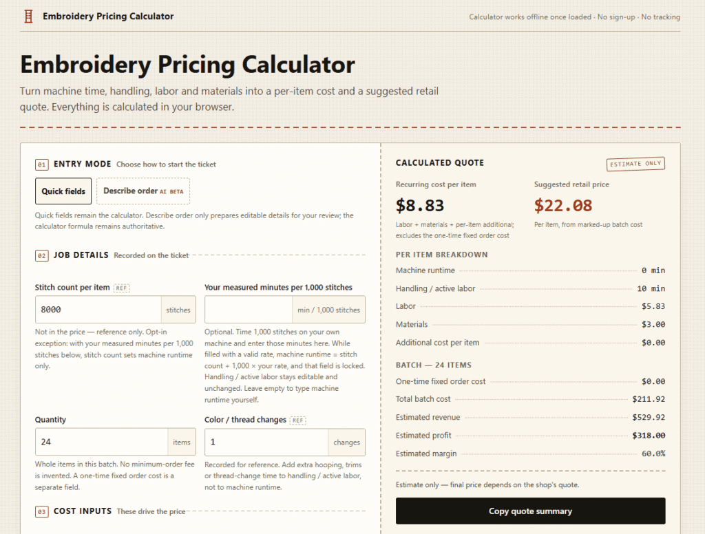 Embroidery Pricing Calculator