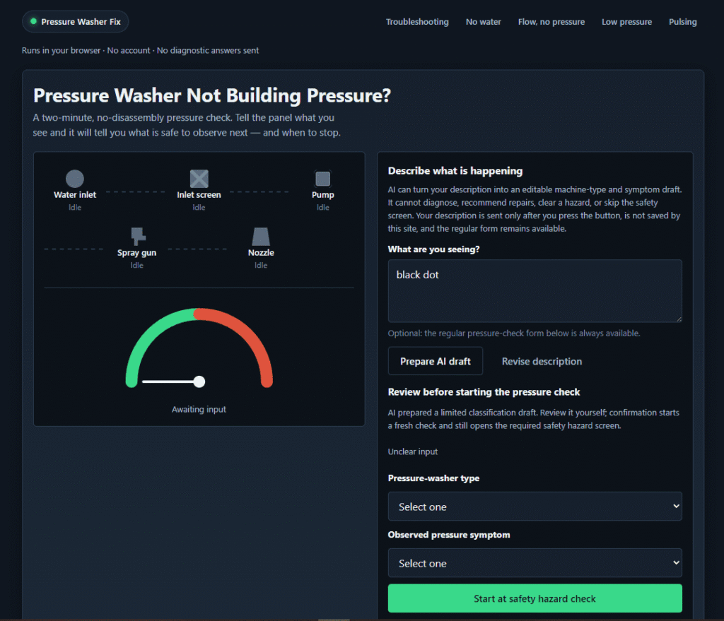 Pressure Washer Fix 2 Pressure Washer Fix interactive troubleshooting panel showing pressure gauge and diagnostic steps