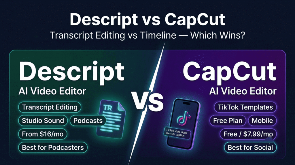 Descript vs CapCut 2027 comparison — which AI video editor is better for podcasters, social creators, and content teams