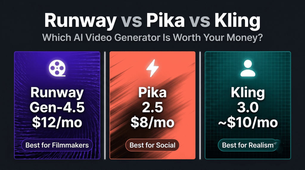 Runway vs Pika vs Kling 2027 comparison — which AI video generator is best for filmmakers, social creators, and photorealistic video